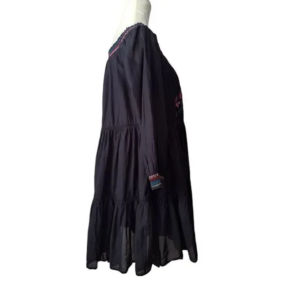 Free People Sunbeam Black Embroidered Off Shoulder Boho Peasant Tunic Dress M - Picture 5 of 9